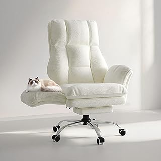 Big and Tall Office Chair, Flip Armrests for Pets & Cross Legged Sitting, Executive Ergonomic Computer Gaming Chair with Foot Rest, Teddy Fleece Wide Seat Reclining Desk Chair