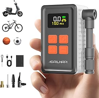 Mini Bike Tire Pump (150PSI Fast Inflation with Guage) (Presta and Schrader Valve) Portable Electric Air Pump for Road and Mountain Bicycle, E-Bike, Motorcycle, Sports Ball