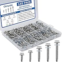 145 PCS Self Tapping Screws for Metal &ndash; 410 Stainless Steel Self Drilling Screws Kit, Multiple Sizes (#10 with Washers), Hex Head, Rust-Resistant for Wood, Plastic, Roofing, DIY Projects