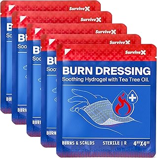 Hydrogel Burn Dressings with Tea Tree Oil - 4x4" Sterile Non-Stick Burn Pads - Emergency First Aid for Instant Cooling, Soothing & Relief - 5 Pack