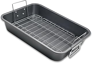 Roasting Pan With Rack 11" x 15" - Non Stick Large Roaster Pan and Flat Rack with Foldable Handles - Roasting Pans for Ovens to Elevate Food for Even Heating - Dishwasher Safe Turkey Roast Pot