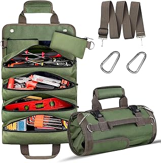 Roll Up Tool Bag, Heavy Duty Waterproof Portable Tool Storage Organization, Tool Bags For Men Tool Organizer with 2 Detachable Zipper Pouches Rollable Carrying, Dad Men Mechanic Welding Birthday Gift