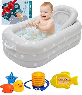 Inflatable Baby Bathtub Complete Set &ndash; Portable Non-Slip Baby Bath Tub with Newborn Cushion, Floating Thermometer, 3 Bath Toys & Air Pump, Safe Bath for Boys & Girls Age 0&ndash;3 Years