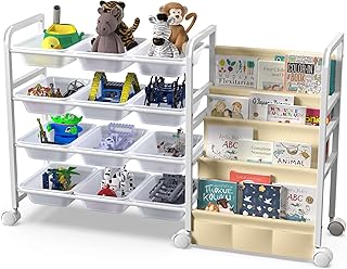 2025 Toy Storage Organizer with Bookshelf - 12 Storage Bins & Fabric Book Sling &ndash; Kids Toy Organizer and Bookshelf on Wheels for Kids Room, Playroom, Nursery, or Classroom
