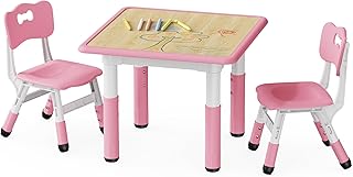 Brelley Kids Table and 2 Chairs Set, Height Adjustable Toddler Desk and Chair Set, Graffiti Desktop, Classroom/Daycare/Home, Children Multi-Activity Table for Ages 2-8