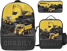Personalized Excavator Backpack, Custom Name 3Pcs Engineering Vehicle Themed Bookbag, Construction Bookbag with Lunch Box and Pencil Case (Style-2)