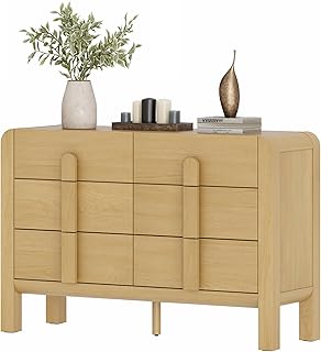 WAMPAT 47.2&ldquo; Wide Baby Dresser for Bedroom, Modern 6 Drawer Double Dresser with Deep Drawers, Wood Chest of Drawers with Curved Handle for Kids Room, Nursery, Oak