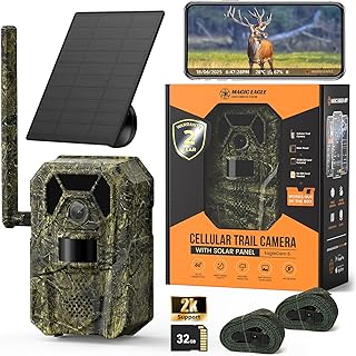MagicEagle&reg; Trail Camera 4G Cellular Trail Cameras 2K Audible Video 0.3s Trigger No-Glow IR Night Vision IP66 Hunting Essentials with 32GB Memory Card 13,000 mAh Battery Solar Panel Anti-Theft Tech