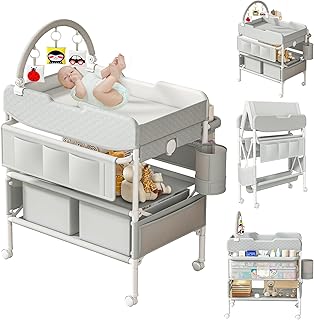 Baby Changing Table with Drawers, Waterproof Versatile Folding Diaper Changing Station with Storage, Adjustable Height, Portable Diaper Chang ing Station, Mobile Nursery for Infant and Newborn