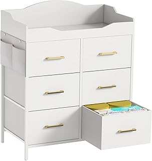 White Changing Table Dresser with 6 Fabric Drawers and Side Pockets, Nursery Dresser with Changing Top, Baby Dresser with Drawers, Diaper Changing Station for Nursery and Bedroom