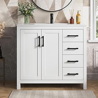 36 Inch Bathroom Vanity with Sink, White Single Sink Bathroom Vanity Modern Bathroom Sink Cabinet with Soft Close Doors & Drawers, 36 Inch Vanity with Sink, Adjustable Feet, Integral Top