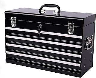 Portable Tool Chest Metal 4-Drawer Tool Cabinet 21" Steel Tool Storage Box Organizer with Metal Cylinder Lock and Latch Closure, for Home Improvement, Auto Mechanics