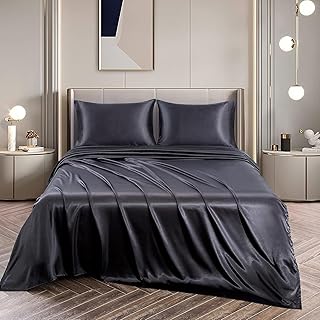 Black Silk Sheet Set, Breathable Super Soft 100% Luxury Breathable Cooling Fade Resisitance 4PC Sheet Set, Super Silky 15" Deep Pocket Bed Sheet Queen Size