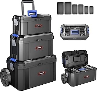 3 IN 1 Rolling Tool Box With Wheels,Stackable Tool Box,Modular Tools Storage Organizer,Top Small Parts Organizer Design,With Removable Small Parts Box,for Home,Repair,Garage Storage,17 IN+19 IN+21 IN