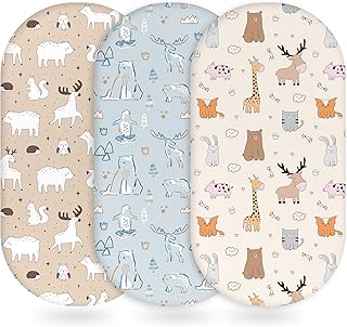 Baby Bassinet Sheets Girl Boy, Fitted Bassinet Sheet Set 3 Pack Bassinet Mattress Sheets Universal Fit for Rectangle, Round, Oval, Hourglass Mattress, Soft Breathable Blue & Apricot Bear