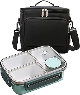 Insulated Lunch Bag and Lunch Box Set for Adults/Men/Women - 10L Large Thermal Leak-Proof Oxford Lunch Bag for Work/Picnic/Travel (Black), Bento Box (green)