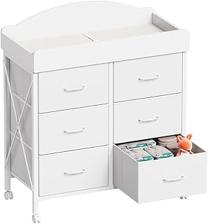 Baby Changing Table Dresser with Wheels, 6-Fabric Drawer Baby Dresser with Changing Table Top, Waterproof Diaper Changing Station & Pad, Mobile Storage Unit, Compact Baby Furniture, White