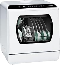 Hermitlux Portable Countertop Dishwashes, 5 Washing Programs Mini Dishwasher with 5-Liter Built-in Water Tank for Apartments & RVs, Tabletop Dishwasher with LED Light & Glass Door, No Hookup Needed