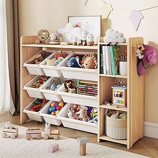 Kids Toy Storage Organizer, Wooden Shelf with 3 Tiers and 9 Storage Bins, Nursery Room Organizer for Books and Toys, White and Natural Wood