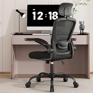 Ergonomic Office Chair for Long Hours & Back Pain Relief &ndash; Desk Chair with Adjustable Lumbar Support & Headrest, High-Density Foam Cushion, Flip-Up Armrests, Perfect for Work & Study (Dark Black)