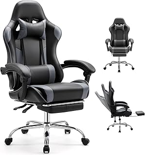 DUMOS Ergonomic Gaming Office Desk Chair with Footrest and Headrest for Adults, PU Leather Video Computer Chair with Linkage Armrests, Height Adjustable 360&deg; Swivel Recling Chair, Black Grey