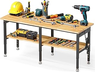 72&rdquo; Adjustable Work Bench, 2-Layer Heavy Duty Workbench, 6000 LBS Capacity Workbench with Pegboard & Power Outlet, Rubber Wood Work Table for Garage, Office, Workshop, Home