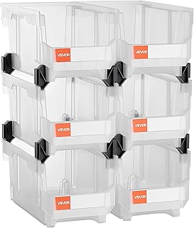 VEVOR Plastic Stackable Storage Bins, 14.8 x 8.5 x 7.1 inch (6 Pack), Plastic Containers for Organizing & Storage Bins for Closet, Garage, Small Parts, Office Supplies, Other Accessories, Transparent