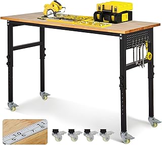 48" Adjustable Workbench, 2000 Lbs Capacity Rubber Wood Heavy Duty Work Table, 29.5"-39.4" Height Adjustable Workbench with Scales, Lockable Wheels & Pegboard, for Garage Workshop Office