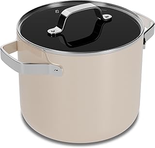 Bakken 5 Quart Ceramic Coated Stock Pot with Lid, Easy to Clean Nonstick Pot, Tempered Glass Lid, Riveted Stainless Steel Handles, Oven Safe Up To 500&deg;F, PTFE & PFAS Free, All Stove Compatible, Cream